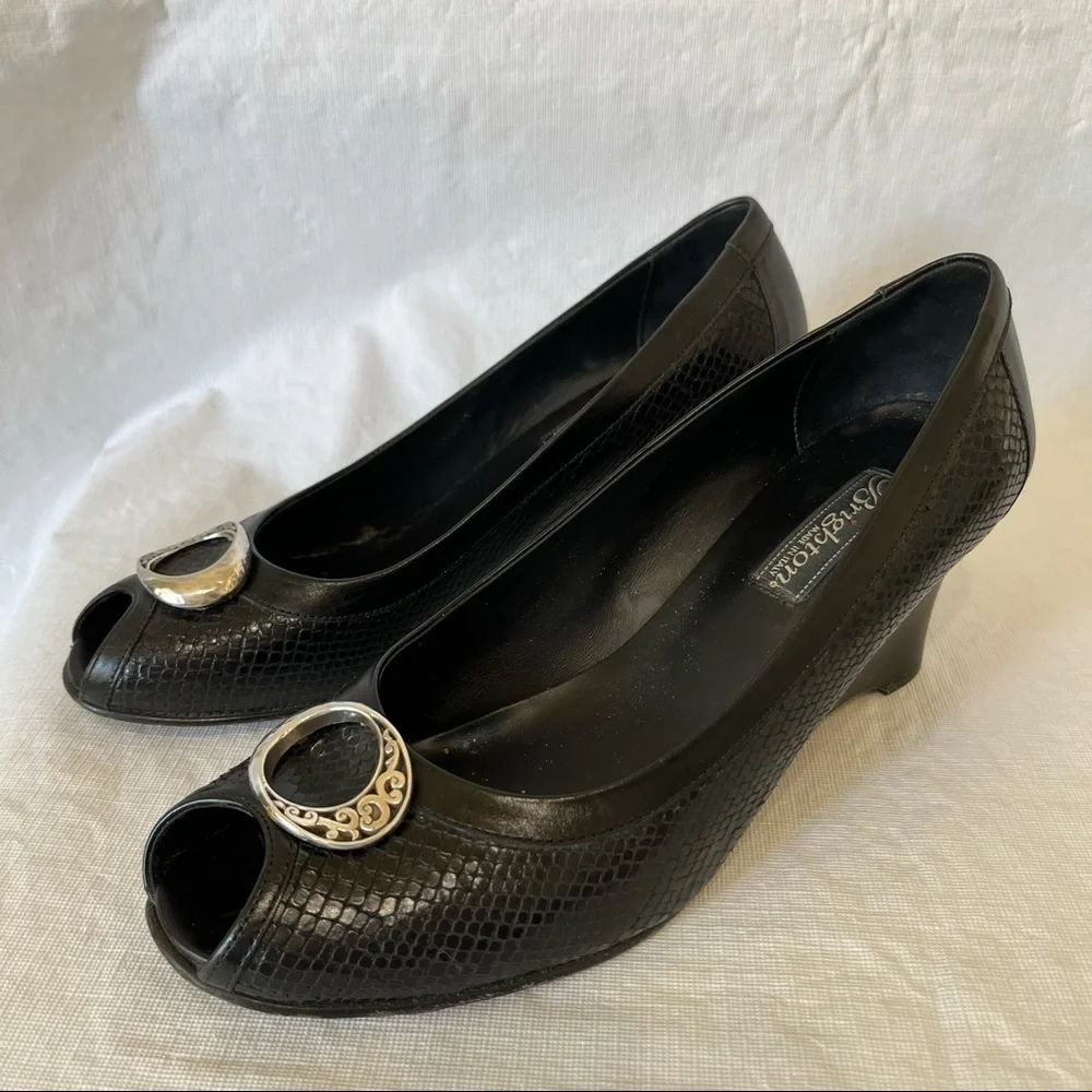Brighton Nelly Black Leather Peep Toe Wedge Heels